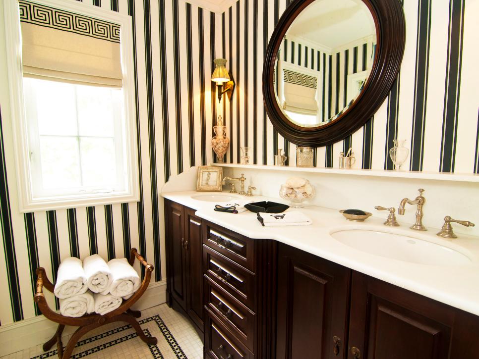 Black and White Traditional Bathroom With Double Vanity