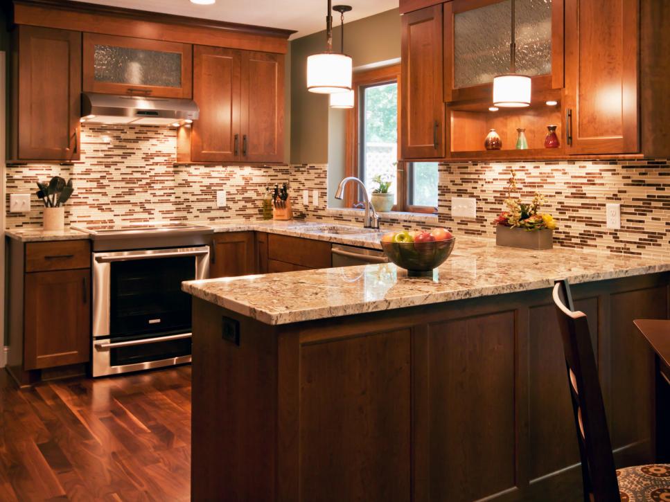Contemporary Brown Kitchen With Wood Cabinetry and Mosaic Tile Backsplash