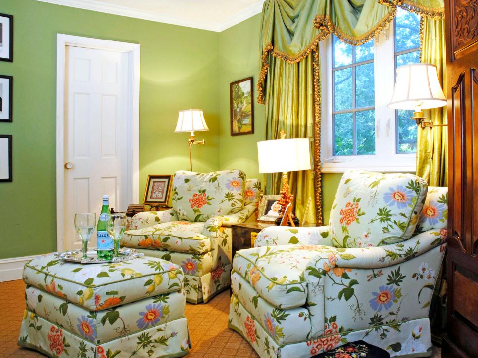 Floral Patterned Chairs in a Green Sitting Room