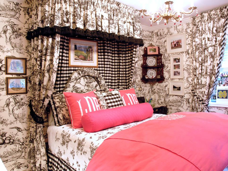 Eclectic Bedroom with Black and White Toile Walls and Fuchsia Bedding