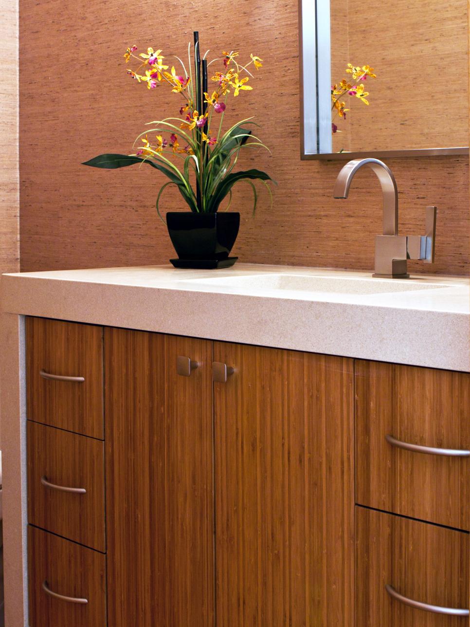Contemporary Bathroom With Bamboo Vanity and Textured Wallpaper 