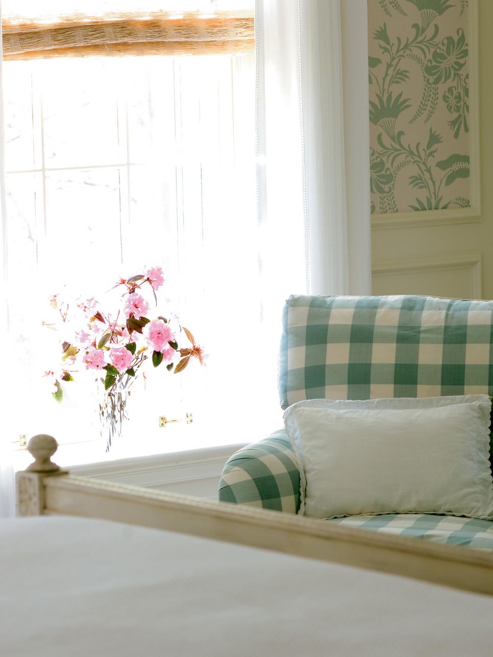 Green & White Buffalo Check Chair Checked Armchair With White Throw Pillow Beside Window