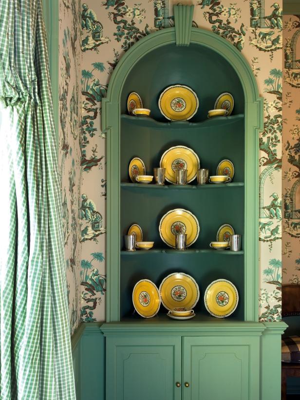 Dining Area With Green Hutch, Yellow Dishes, Chinoiserie Wallpaper