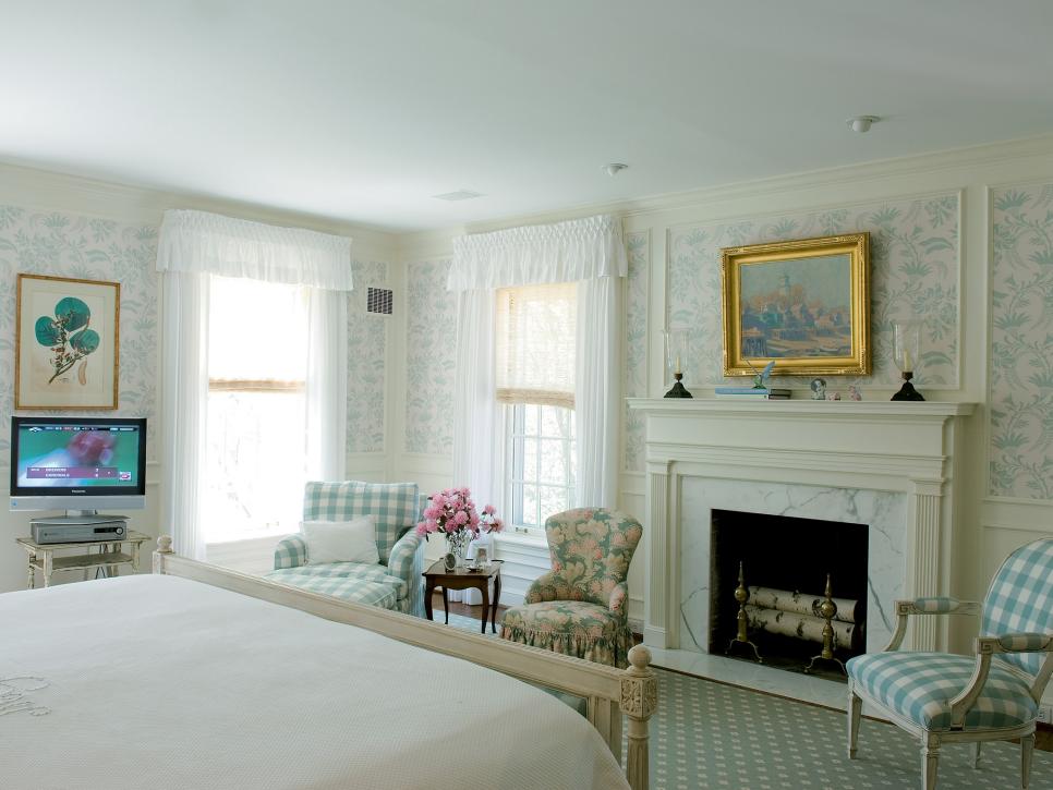 Bedroom With Blue & White Toile Walls, Check Chairs & Marble Fireplace