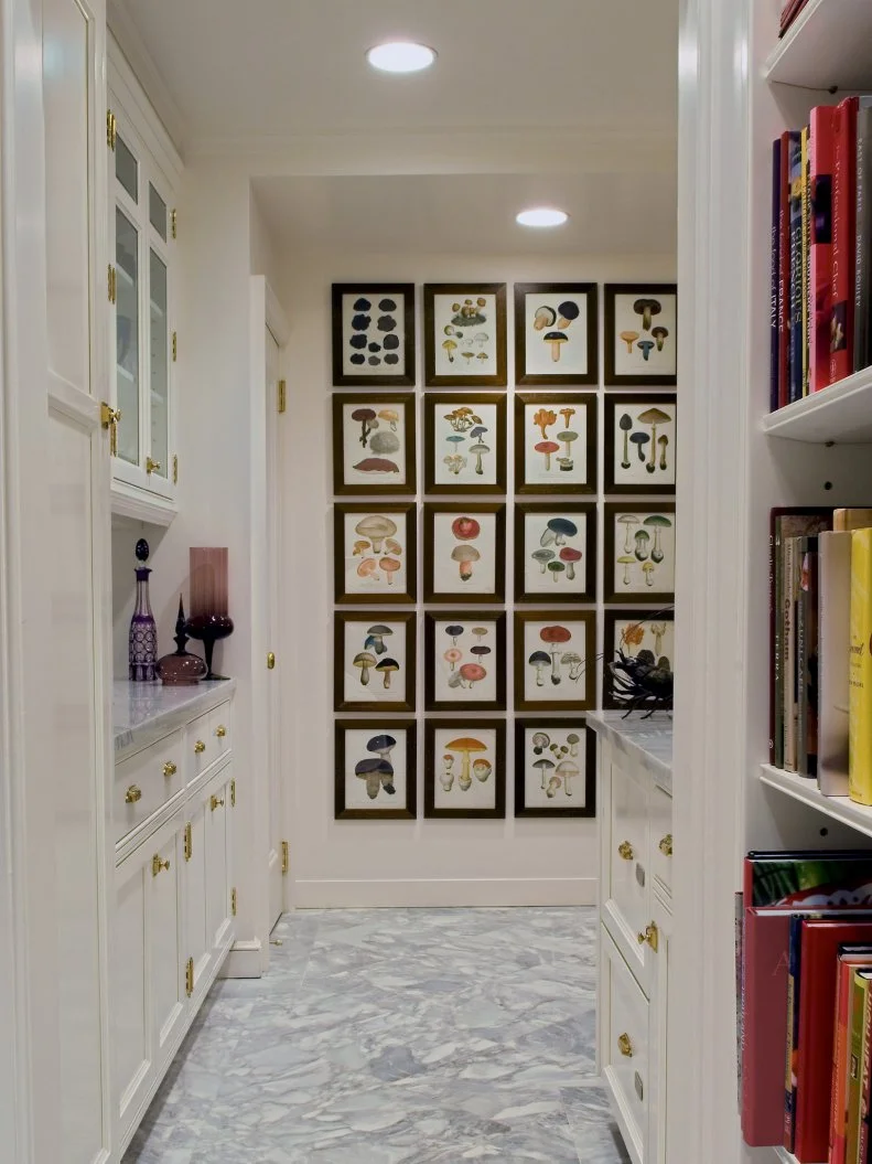 Large, White Butler's Pantry With Gallery Wall of Framed Mushroom Art