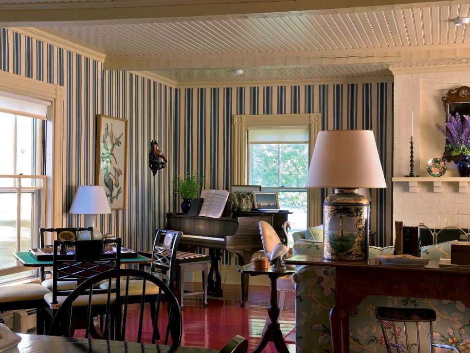Blue Striped Wallpaper in Living Room With Red Floor