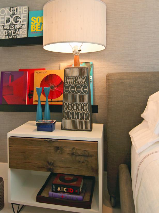 Neutral Contemporary Bedroom With Floating Shelves Neutral Contemporary Bedroom With Floating Shelves