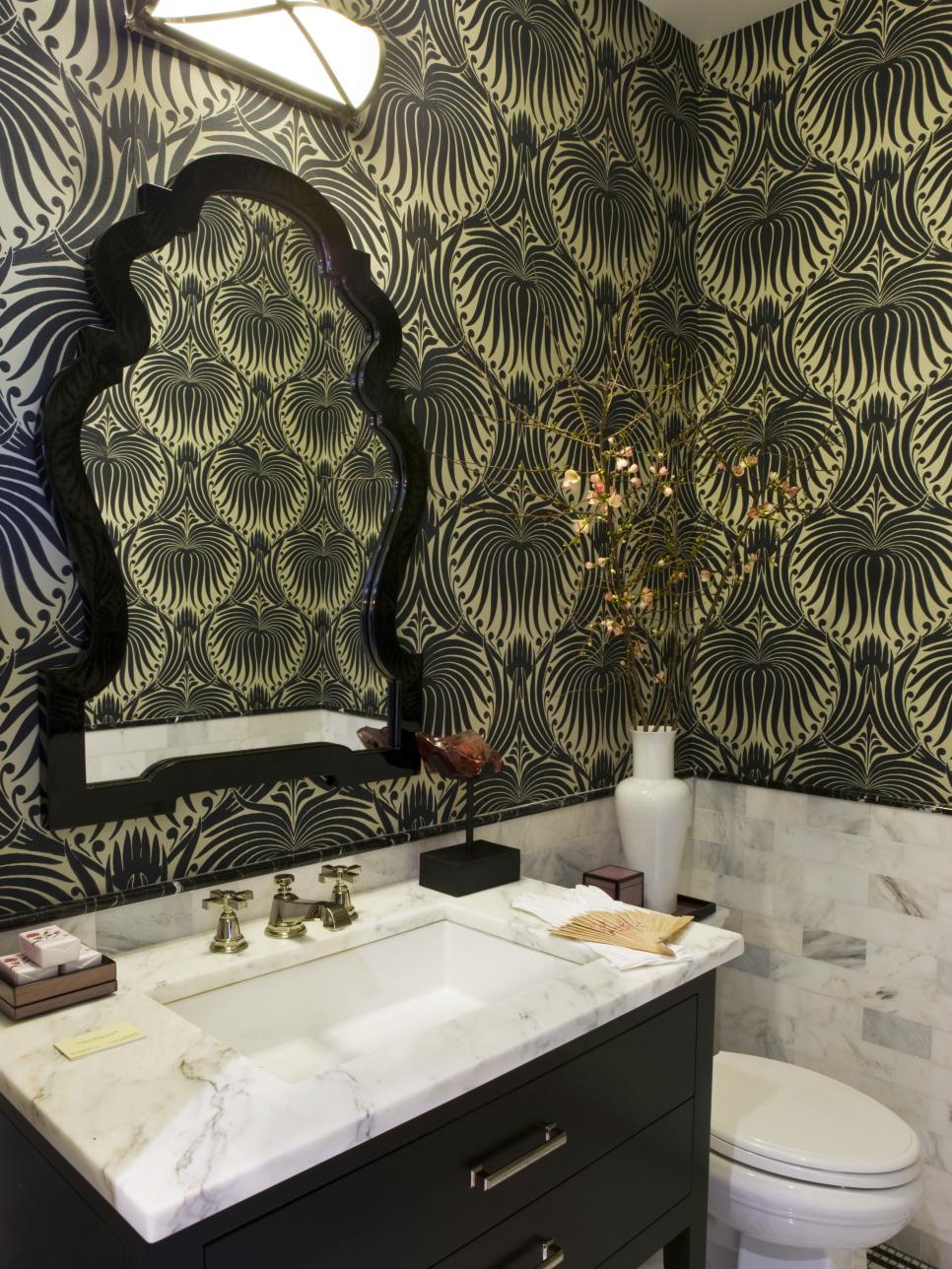 Powder Room With White Tile Surround and Large-Scale Wallpaper