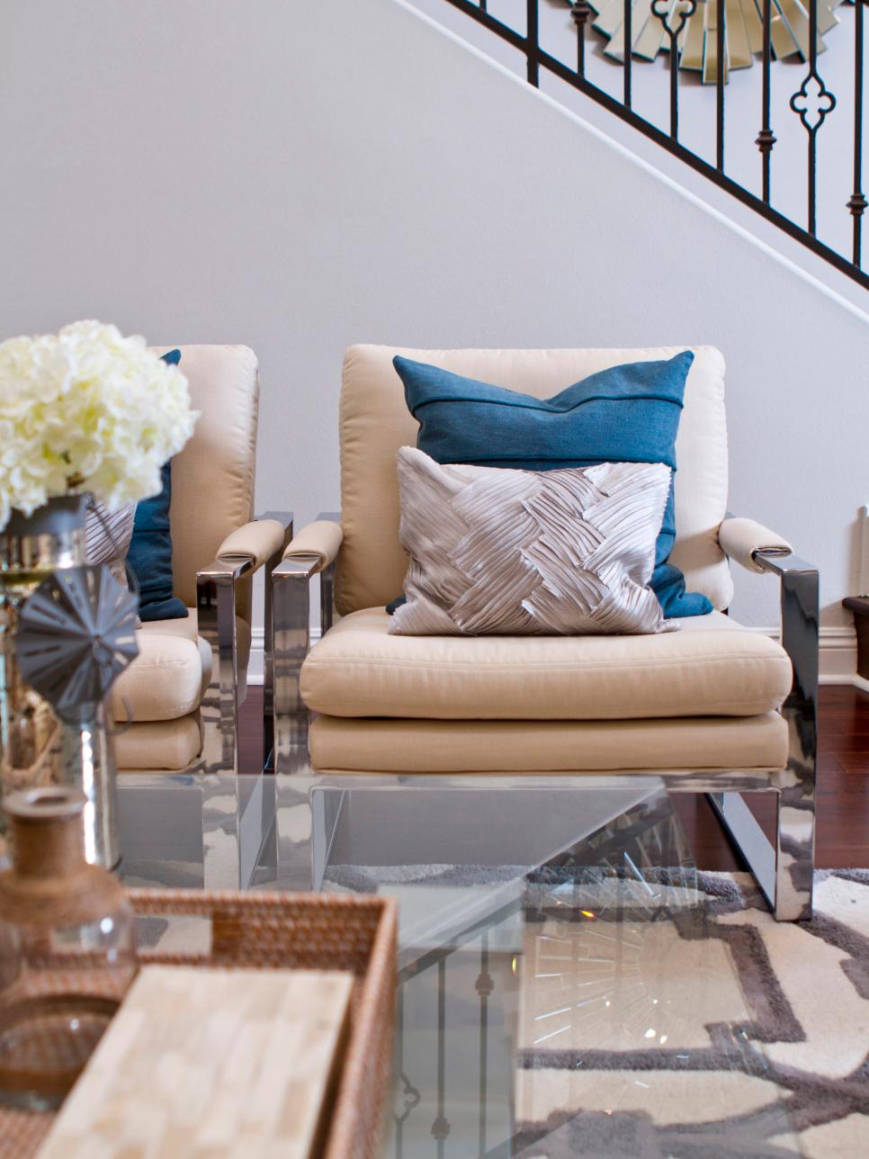Gray Contemporary Living room with Neutral Accents and Blue Pillows