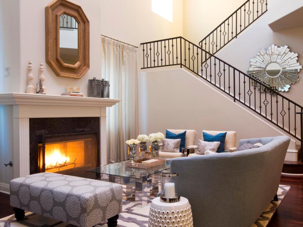 Contemporary Living Room With Decorative Iron Stair Rail