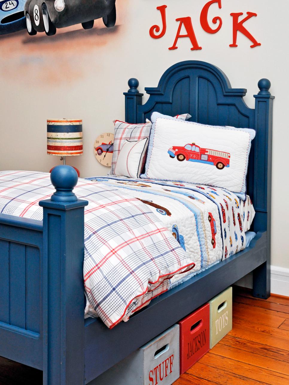 Boys Room with Car Mural and Bedding With Trucks 