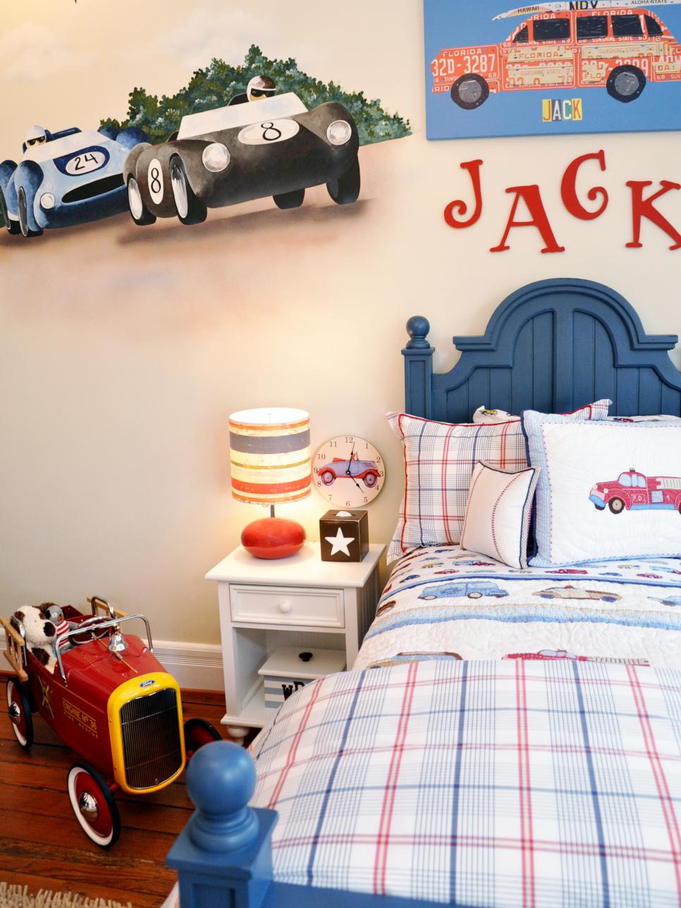 Boys Bedroom With Blue Bed, White Nightstand, Car Mural 