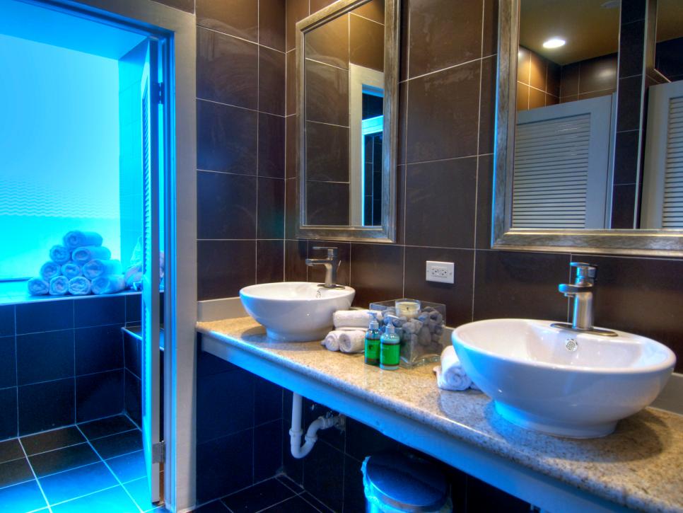 Raised Basin Sinks in Dark Tiled Contemporary Bathroom