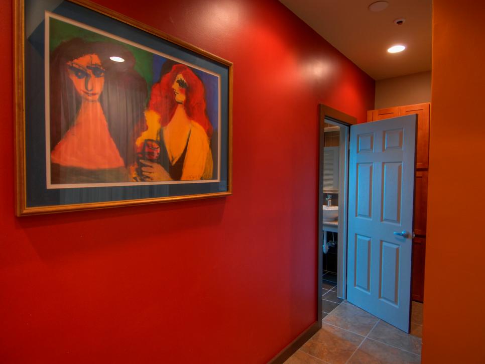 Red-Orange Eclectic Hallway With Painting & Tile Floor