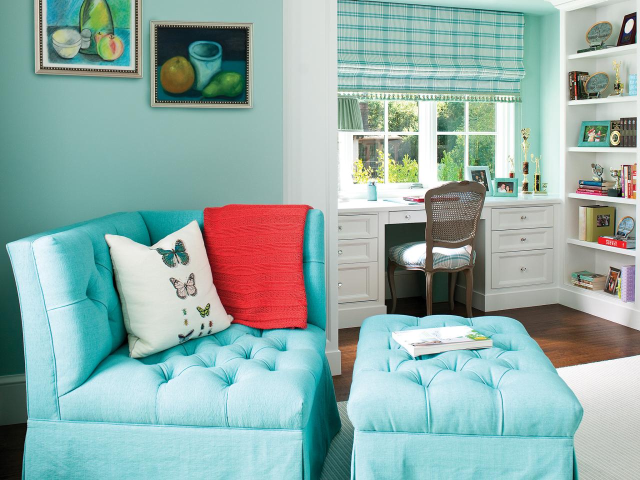 Bedroom Sitting Area With Blue Corner Chair and Ottoman HGTV