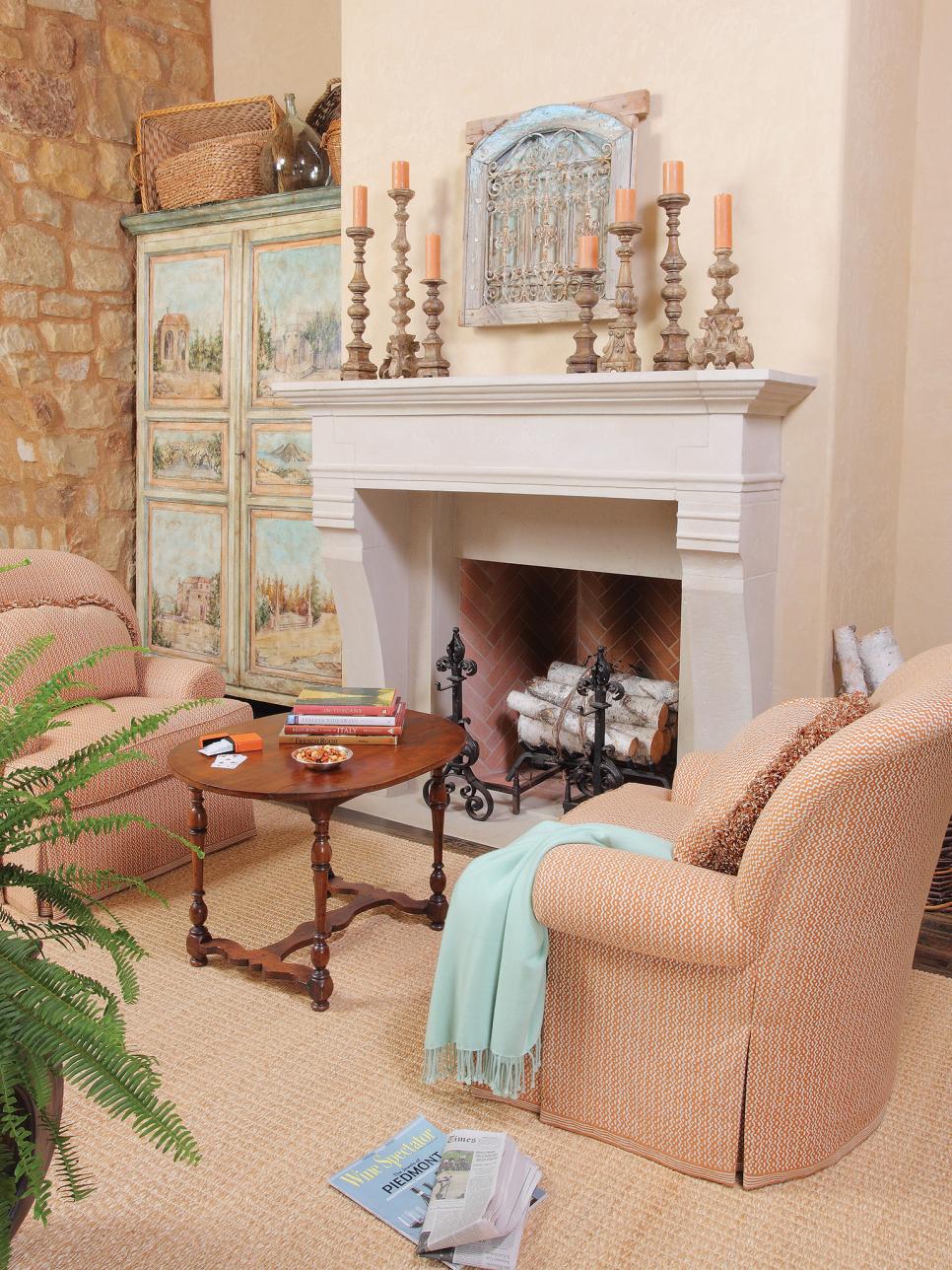 Transitional Neutral Living Room With White Mantel and Hand Painted Cabinet
