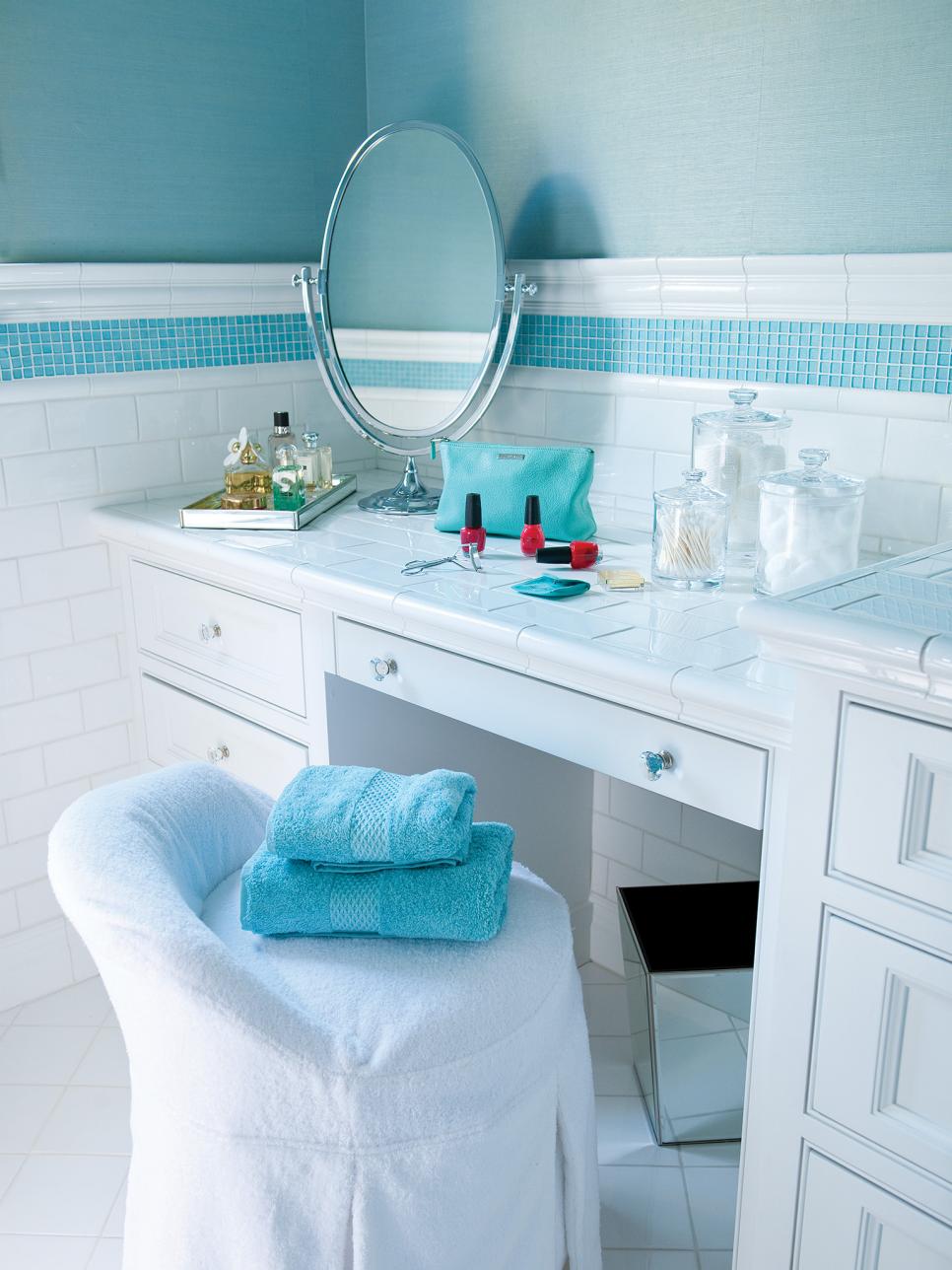 Blue And White Bathroom Vanity With Subway Tile Countertop