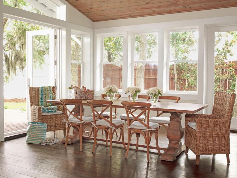 Wood dining table and chairs in beach house