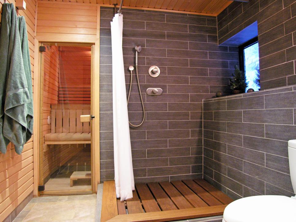 Gray Tiled Shower With Sauna