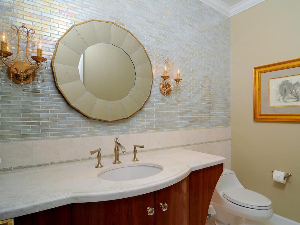 Transitional Bathroom with Blue Mosaic Tile and Gold Sconces