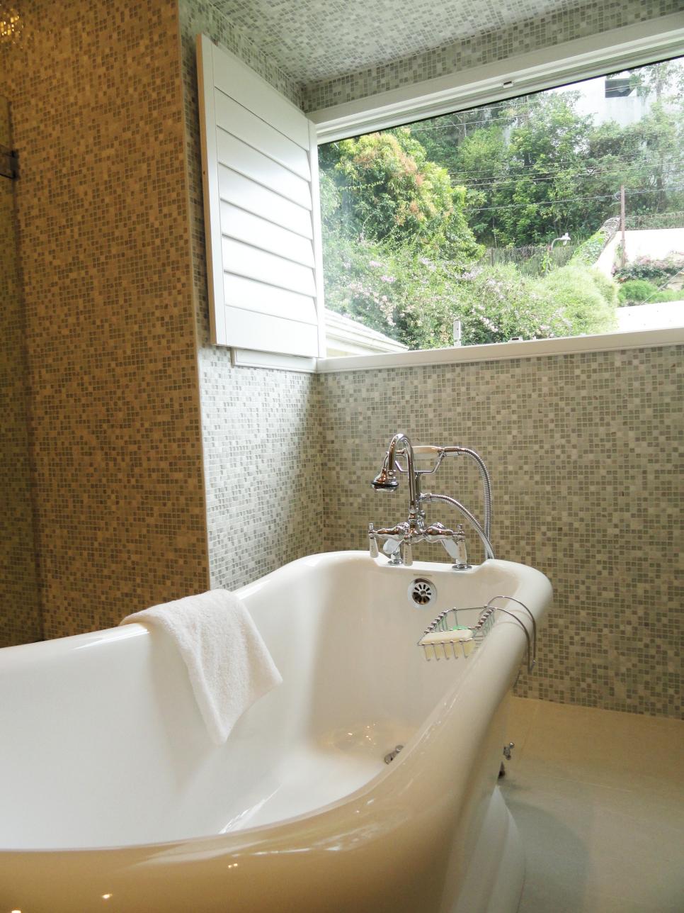 Transitional Bathroom with Freestanding Tub and Mosaic Tile Walls 