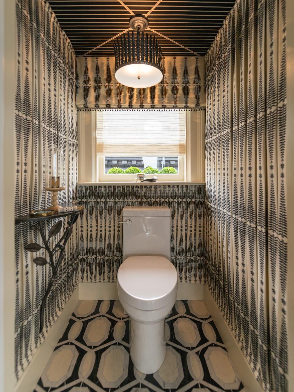 Eclectic Black and Neutral Patterned Powder Room With Window and Shelf