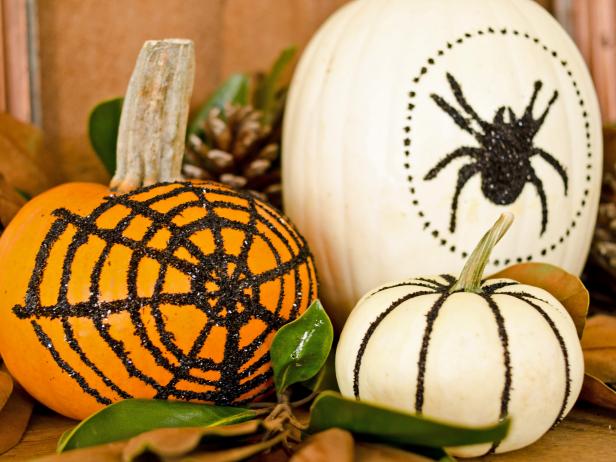 Glittered Pumpkins with Halloween Designs 