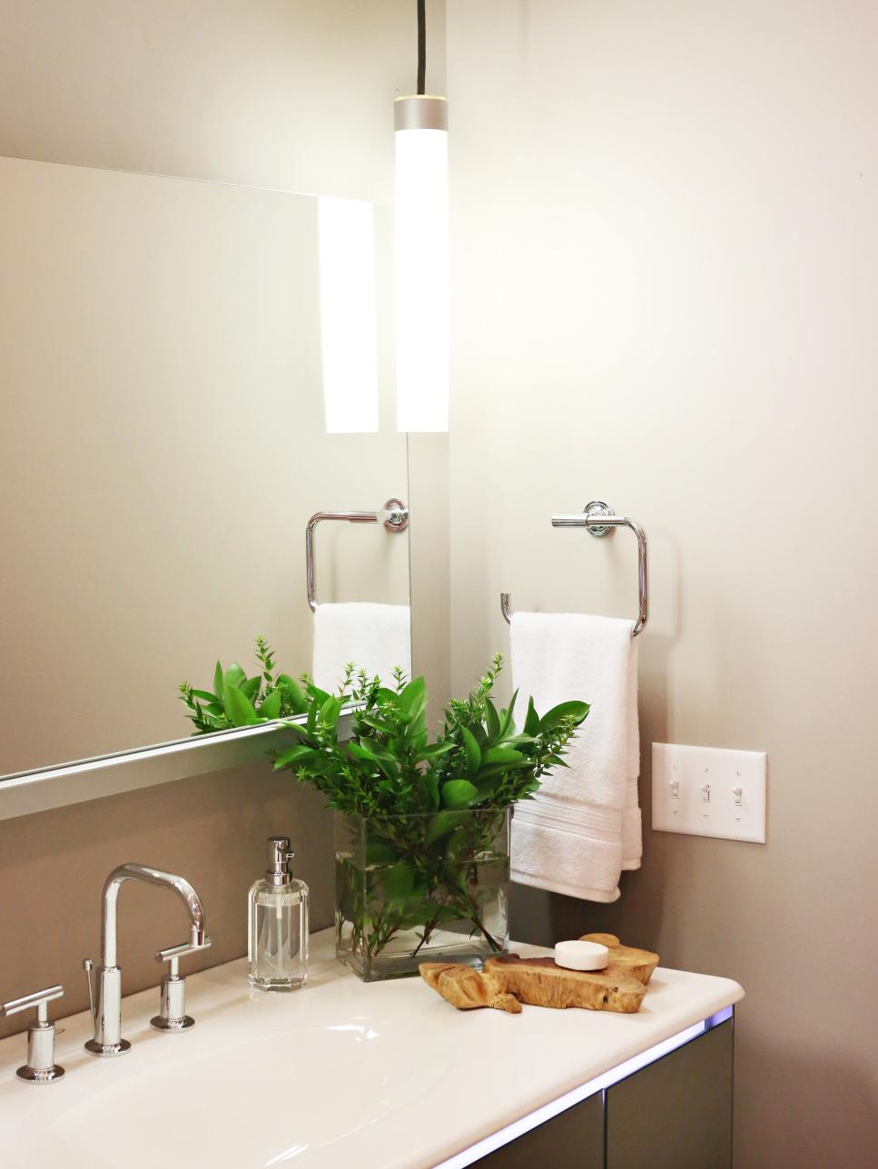 Modern, Neutral Bathroom Vanity With Pendant Lighting