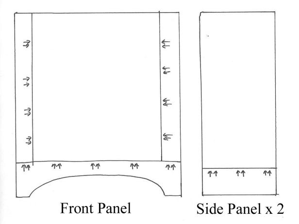 Clean drawn plans help create a clear vision of where to drill and how to assemble your custom projects. Arrows indicate approximate placement of pocket-hole screws; holes should be drilled into side that will be not be visible when range hood is completed.
