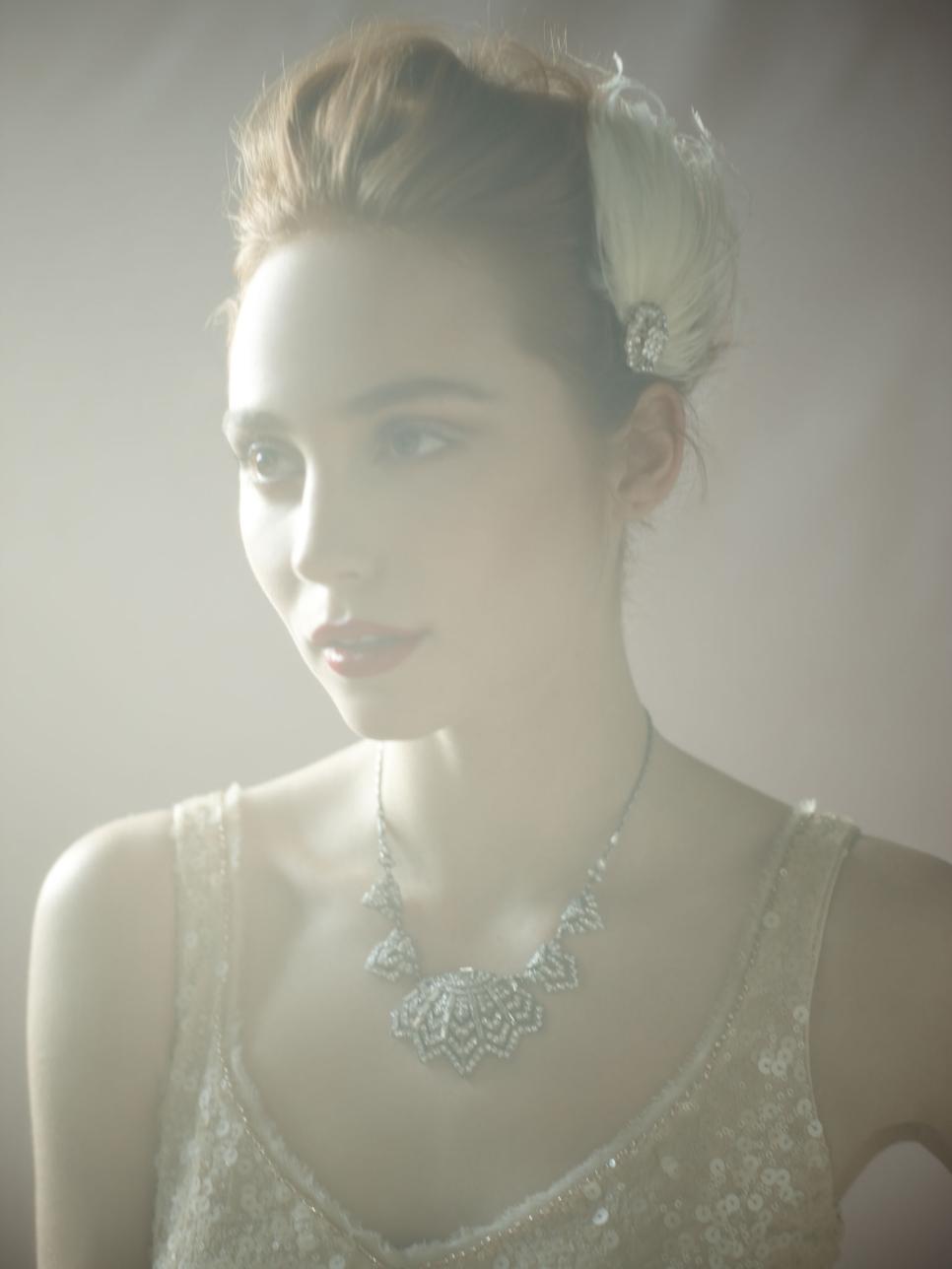 Gatsby-Inspired Brides Fall in Love With Art Deco Look Bride With Feather in Hair, Diamond Necklace, Sequin Dress