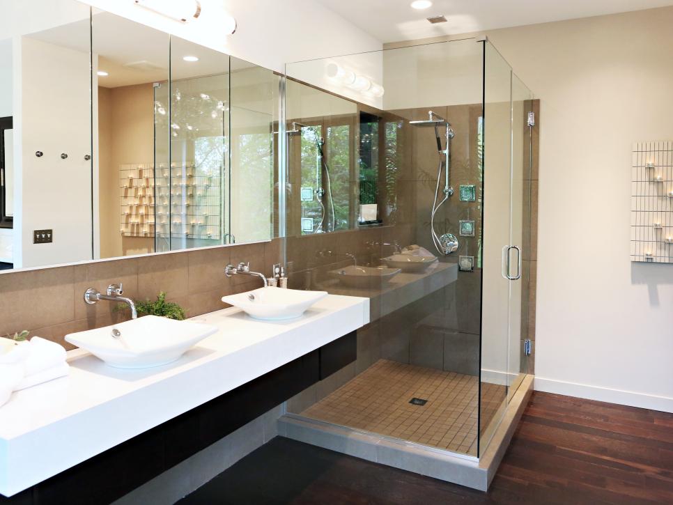 Neutral Bathroom With Double Vanity, White Vessel Sinks & Glass Shower