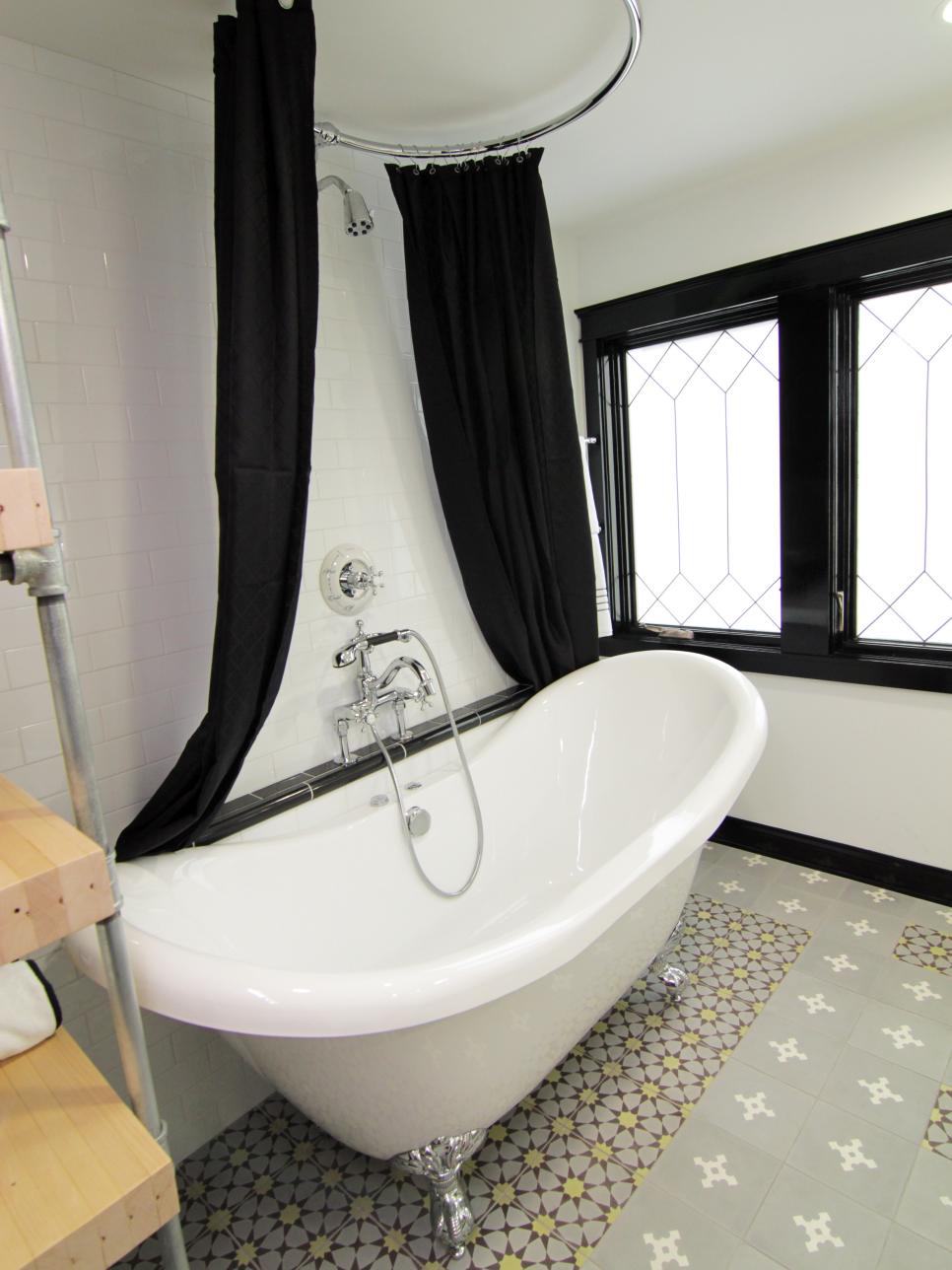 Traditional Black and White Bathroom with Yellow and Gray Floor Tile