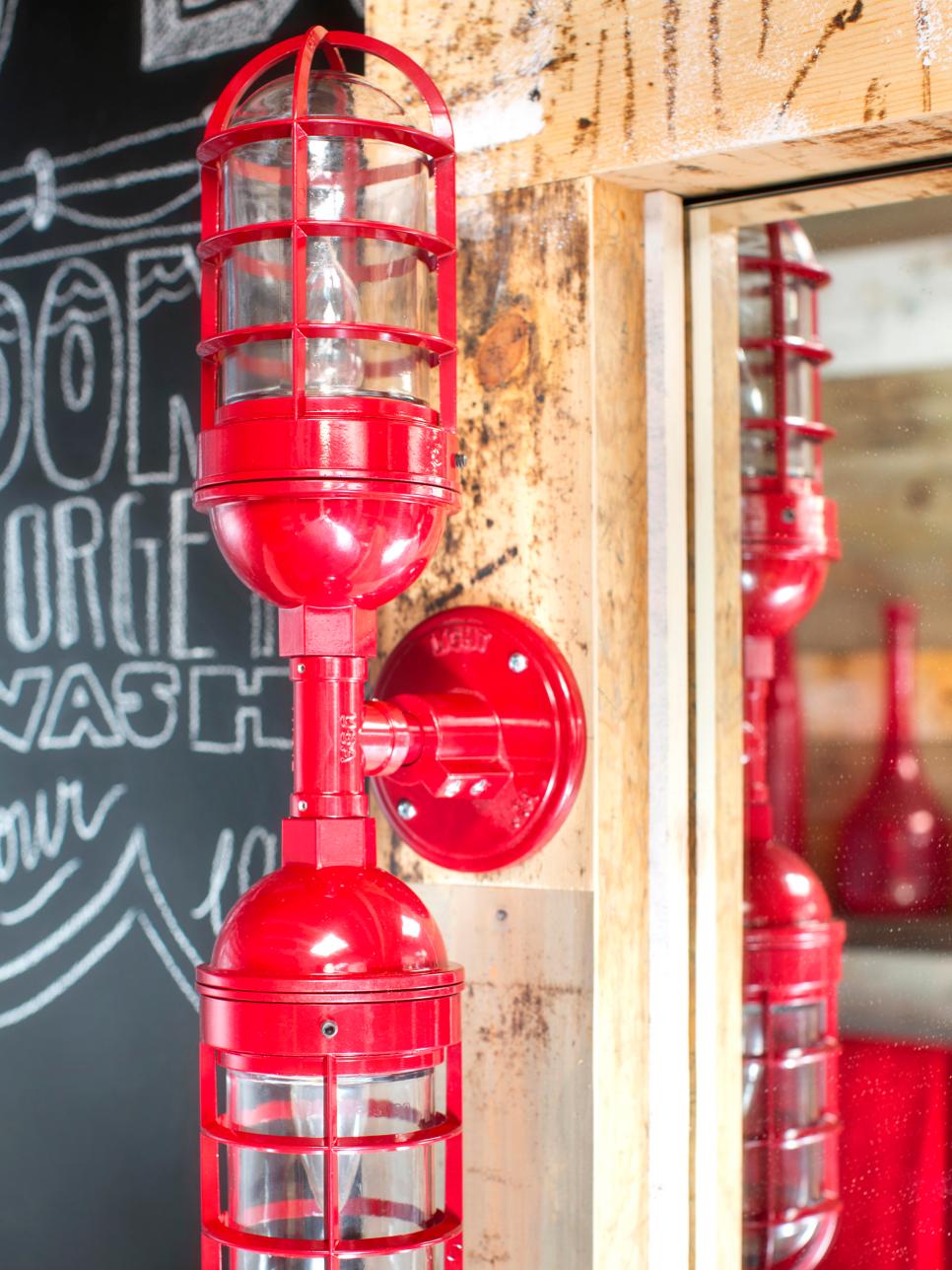 Bold Red Barn Light Sconces in Rustic Bathroom Red Barn Light Sconce