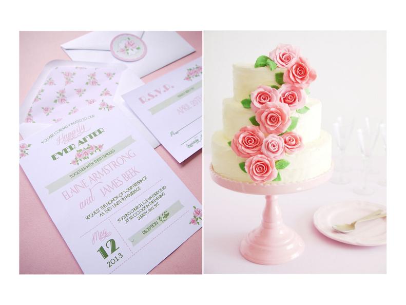 Composite Image of Printable Invite & Cake With Pink Flowers