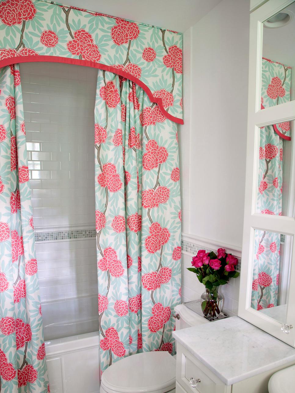 Bathroom with Floral Curtain Country Bathroom with White Tile and Floral Curtain