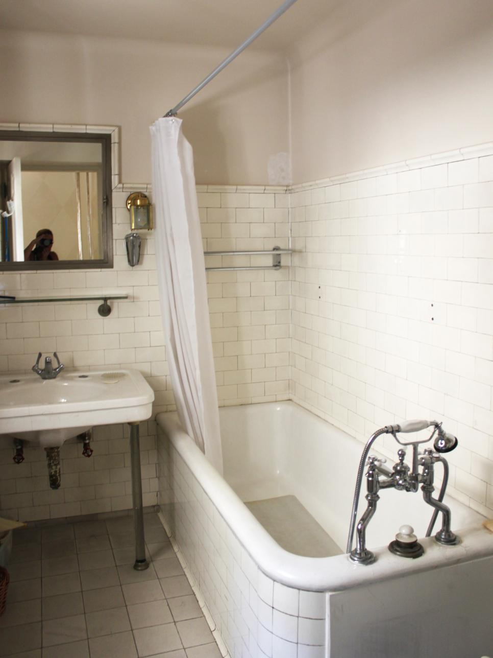 Before: Dingy Bathroom With White Subway Tile Dingy Bathroom With White Subway Tile, Porcelain Tub