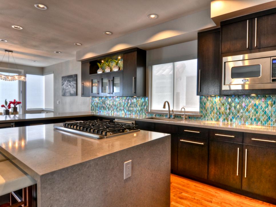 Contemporary Kitchen With Waterfall Island & Dark Stained Wood Cabinets 