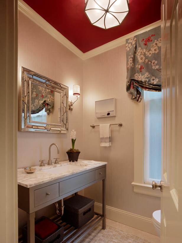 Elegant Powder Room With Red Ceiling Elegant Powder Room With Red Ceiling