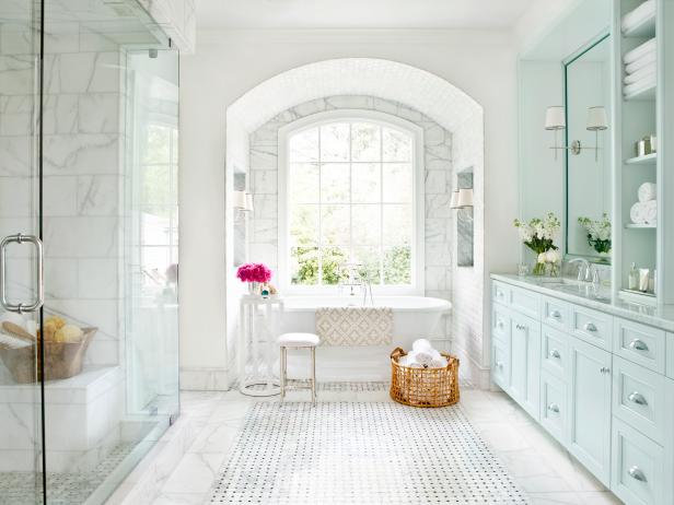 Old World Master Bathroom With Carrara Marble Floor Old World Master Bathroom With Carrara Marble Floor