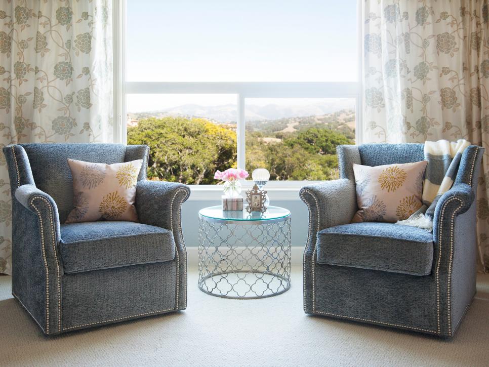 Blue Transitional Armchairs With Nailhead Trim and Metallic Side Table