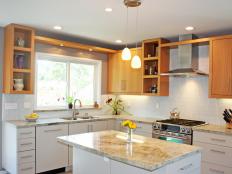 Designer Catherine Nakahara uses a gray-and-white color scheme and clean lines to design a practical, modern kitchen.