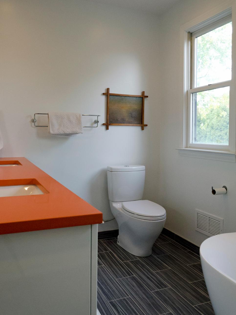 Contemporary Bathroom with Orange Contertop Streamlined Bathroom