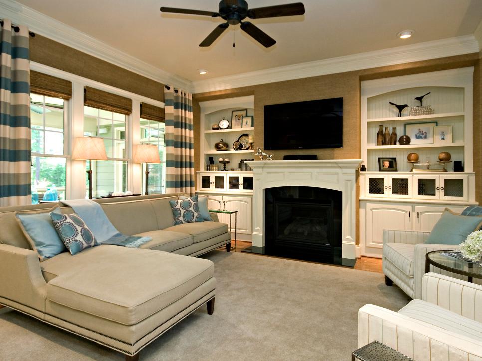 Transitional Living Room With Striped Curtains