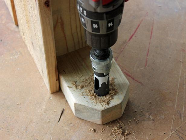 DIY Pallet Toiletry Holder - Step 7: Drill Hole for Towel Rod DIY Pallet Toiletry Holder - Step 7: Drill Hole for Towel Rod