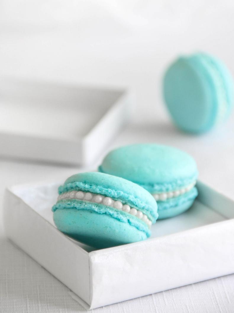 Robin Egg Blue Macarons With Pearl Trim in White Gift Box