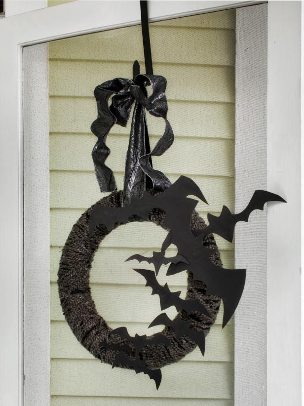Hanging Halloween Bat Wreath on Front Door
