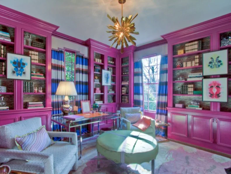 Pink Library With Gold Chandelier 