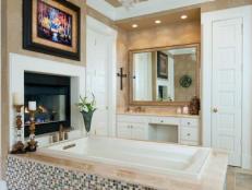 Brown Transitional Master Bathroom With Tiled Bathtub 