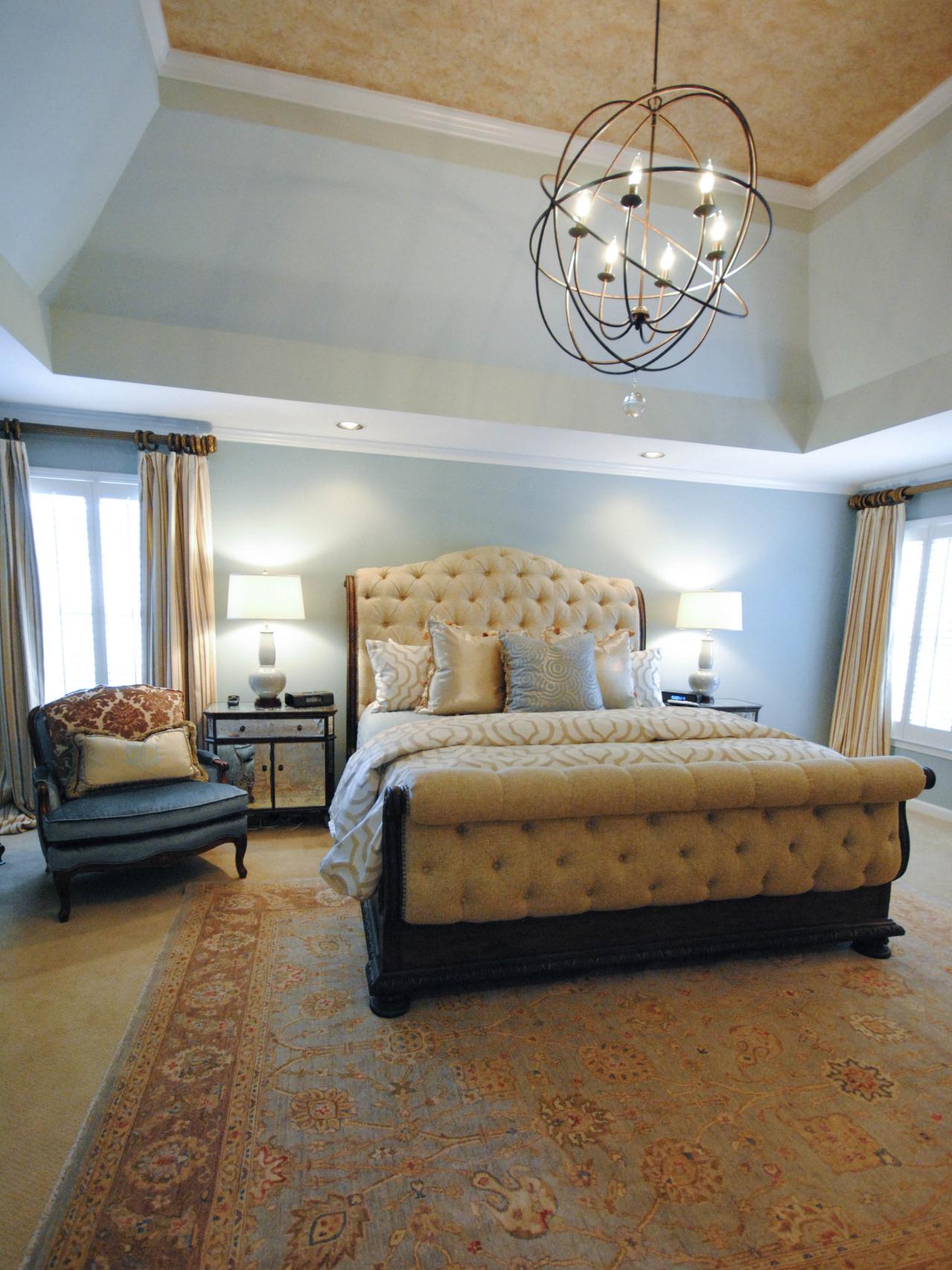 Blue Transitional Bedroom With Gyroscope Chandelier | HGTV