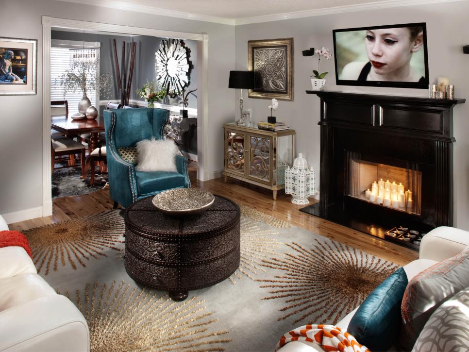 Eclectic Living Room With Fireplace and Glamorous Furniture
